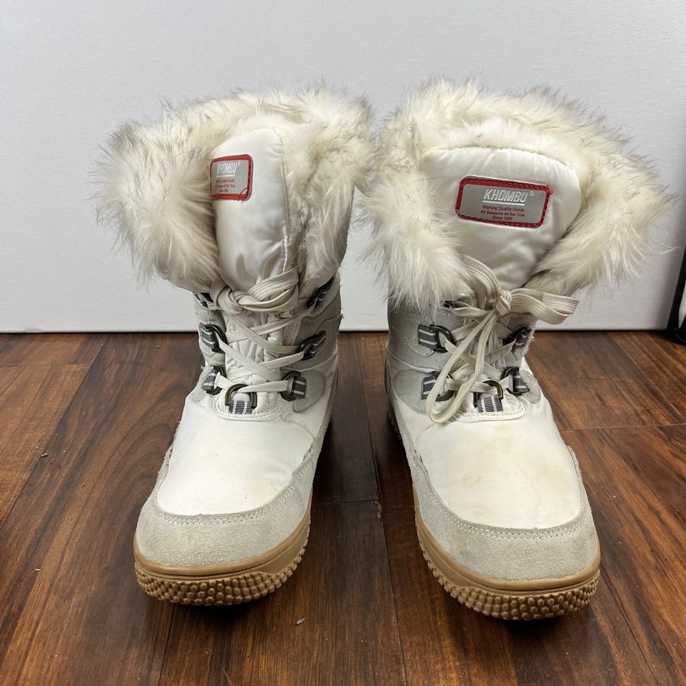 Khombu Florence Women's Winter Snow Boots Size 10 M White Faux Fur Lace Up Warm